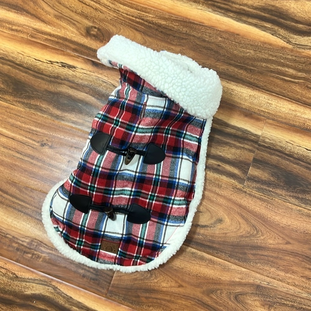 Bee & Willow Home Red Plaid Sherpa Lined Dog Coat Jacket Size Large 15” - 17”